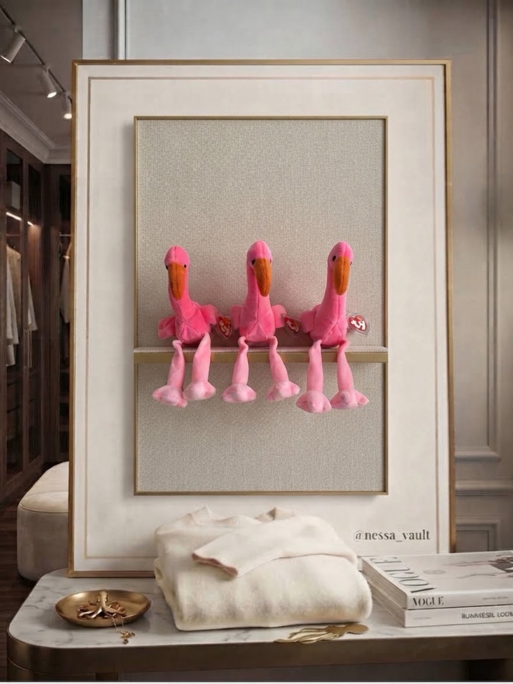 Ty Flock of Bright Pink Flamingo Plush with Orange Beak - Set of Three